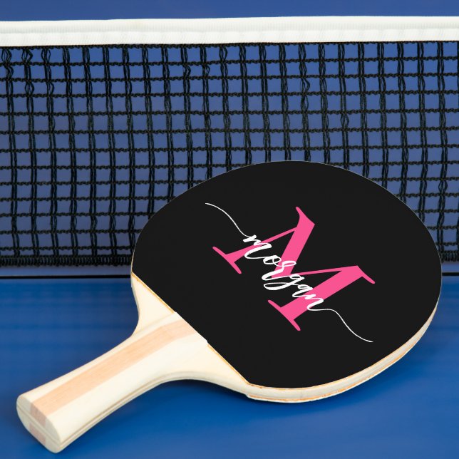 Hot Pink Black Modern Script Girly Monogram Name Ping Pong Paddle (Insitu)