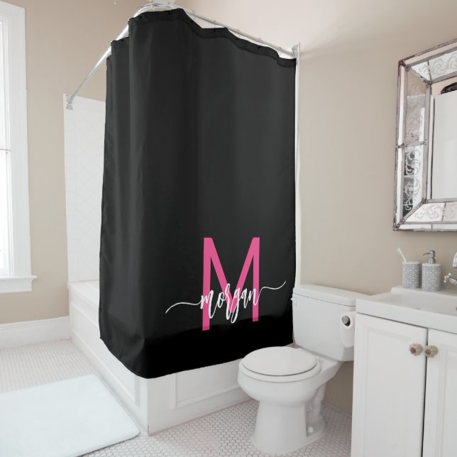 Hot Pink Black Modern Script Girly Monogram Name Shower Curtain (In Situ)