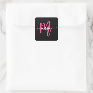 Hot Pink Black Modern Script Girly Monogram Name Square Sticker
