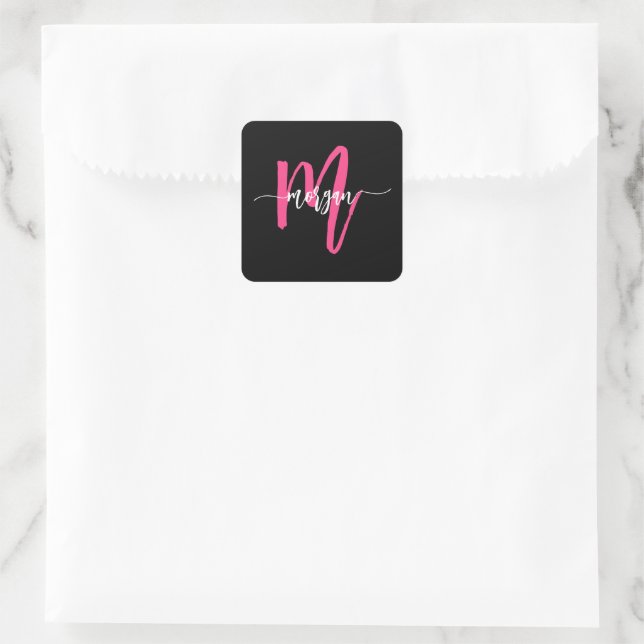 Hot Pink Black Modern Script Girly Monogram Name Square Sticker (Bag)