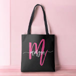 Hot Pink Black Modern Script Girly Monogram Name Tote Bag<br><div class="desc">Carry your essentials in style with our Hot Pink Modern Script Girly Monogram Name Tote Bag! Featuring a bold hot pink design, this tote is personalised with your name in a chic modern script for a trendy, custom look. Perfect for shopping, school, or everyday use, it offers ample space and...</div>