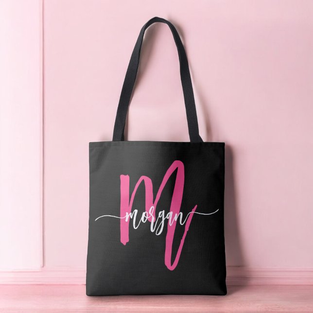 Hot Pink Black Modern Script Girly Monogram Name Tote Bag (Creator Uploaded)