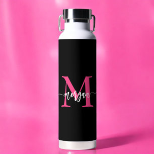 Hot Pink Black Modern Script Girly Monogram Name Water Bottle