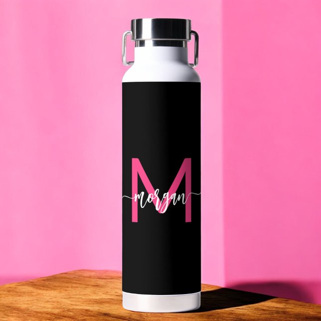 Hot Pink Black Modern Script Girly Monogram Name Water Bottle (Creator Uploaded)