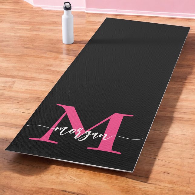 Hot Pink Black Modern Script Girly Monogram Name Yoga Mat (Creator Uploaded)