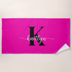Hot Pink Black Monogram Beach Towel