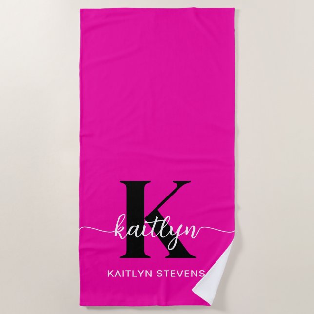 Hot Pink Black Monogram Beach Towel (Front)