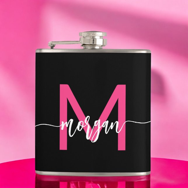 Hot Pink Black Monogram Girl's Bachelorette Party Hip Flask (Creator Uploaded)