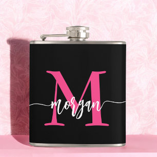 Hot Pink Black Monogram Girl's Bachelorette Party Hip Flask