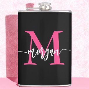 Hot Pink Black Monogram Girl's Bachelorette Party Hip Flask