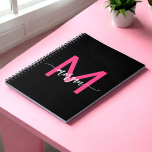 Hot Pink Black Monogram Girl's Back to School Notebook