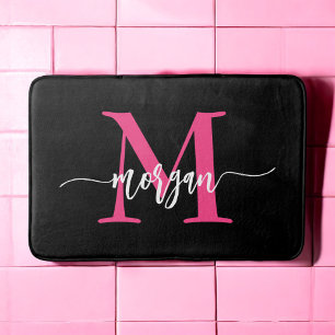 Hot Pink Black Monogram Girl's Dorm Room Bath Mat