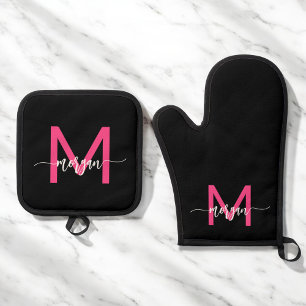 Hot Pink Black Monogram Girl's Kitchen Script Oven Mitt & Pot Holder Set
