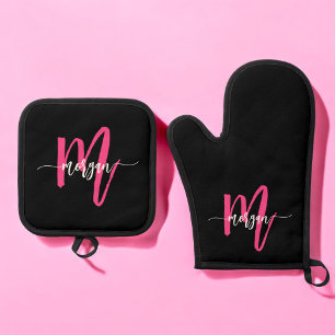 Hot Pink Black Monogram Girl's Kitchen Script Oven Mitt & Pot Holder Set