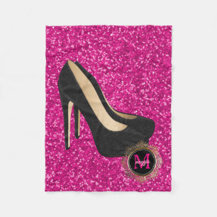 Hot Pink Black Monogram   High Heels Glitter Fleece Blanket