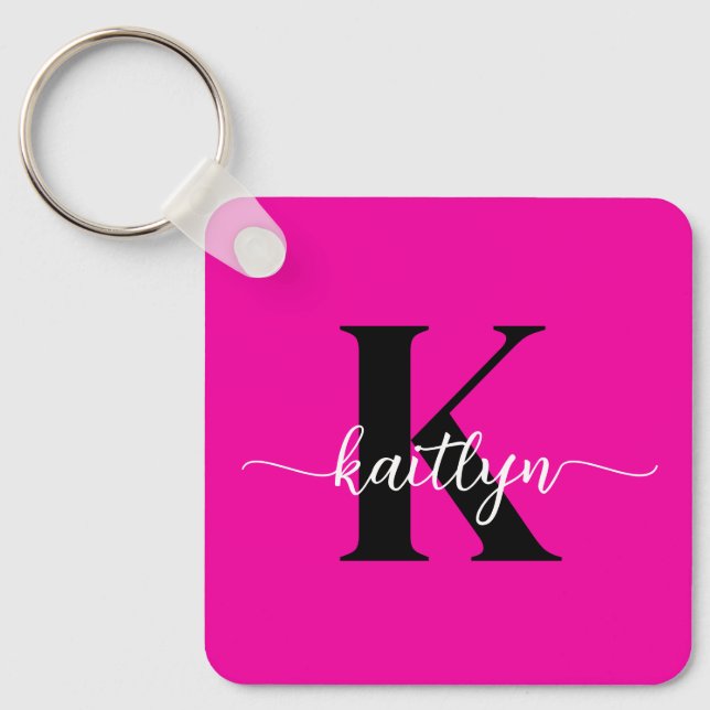 Hot Pink Black Monogram Key Ring (Front)