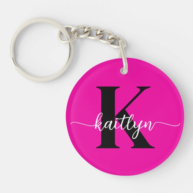 Hot Pink Black Monogram Key Ring (Front)