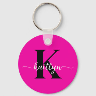 Hot Pink Black Monogram Key Ring