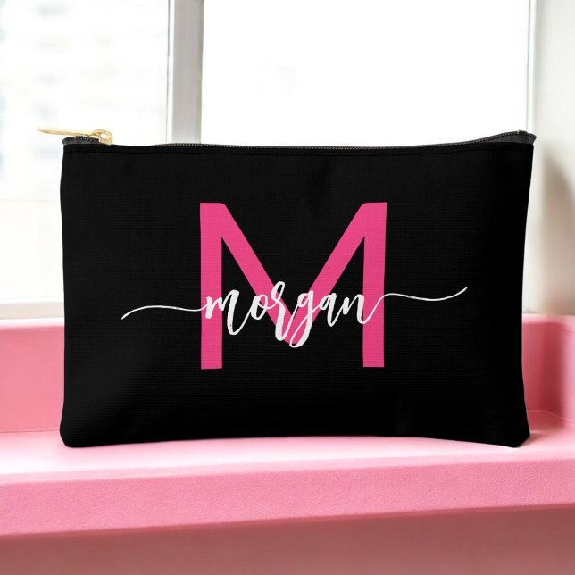 Hot Pink Black Monogram Name Girl's Script  Accessory Pouch (Creator Uploaded)