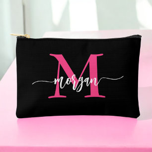 Hot Pink Black Monogram Name Girl's Script Accessory Pouch