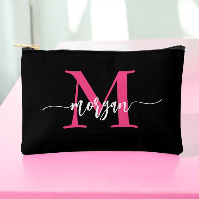 Hot Pink Black Monogram Name Girl's Script  Accessory Pouch (Creator Uploaded)