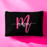 Hot Pink Black Monogram Name Girl's Script  Accessory Pouch<br><div class="desc">Organise your essentials in style with our Hot Pink Monogram Name Girl's Script Accessory Pouch! Featuring a bold hot pink design, this pouch is personalised with your name in an elegant script font for a chic, custom touch. Perfect for storing cosmetics, stationery, or small accessories, it combines practicality with flair....</div>