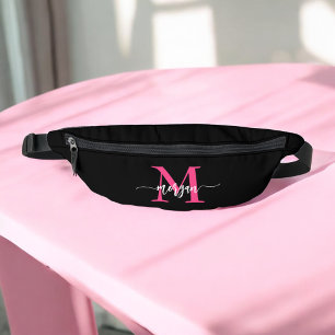 Hot Pink Black Monogram Name Girl's Script Bum Bags