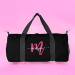 Hot Pink Black Monogram Name Girl's Script Sports Duffle Bag<br><div class="desc">Elevate your game with our Hot Pink Monogram Name Girl's Script Sports Duffle Bag! Featuring a vibrant hot pink design, this duffle bag is personalised with your name in an elegant script font for a custom touch. Ideal for sports, gym sessions, or travel, it offers ample space and durable construction...</div>