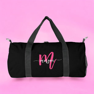 Hot Pink Black Monogram Name Girl's Script Sports Duffle Bag