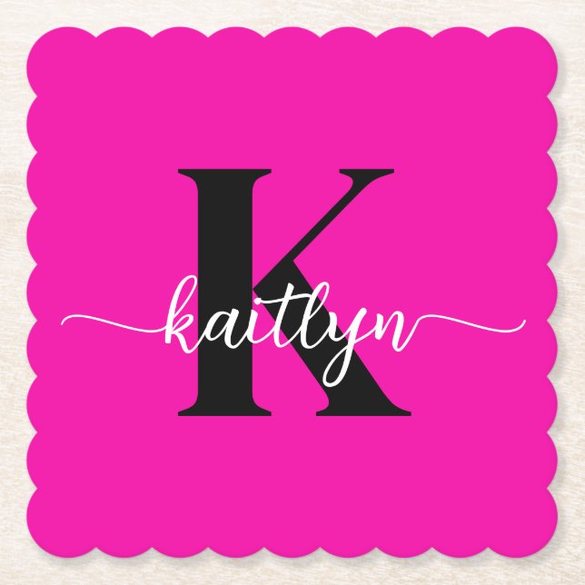 Hot Pink Black Monogram Paper Coaster (Front)