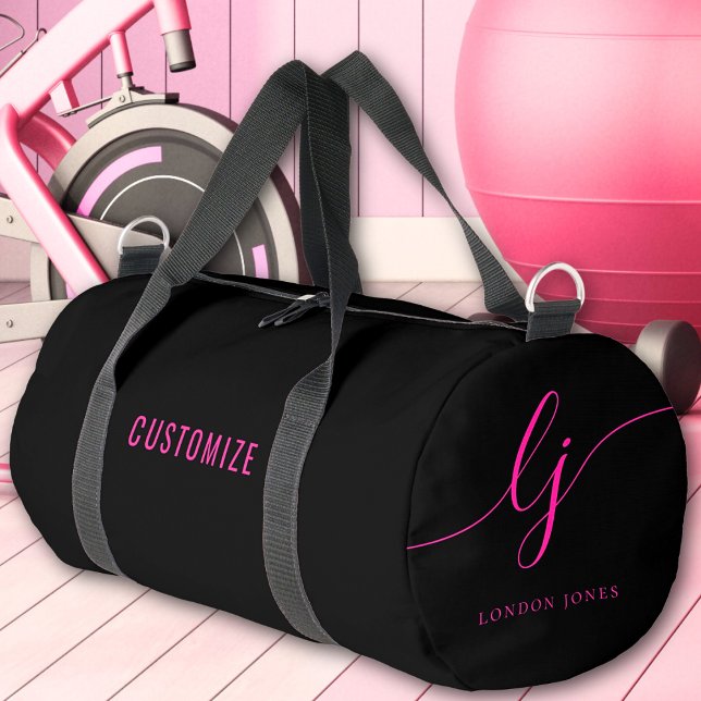 Hot Pink Black Monogram Script Name Girl's Duffle Bag (Creator Uploaded)