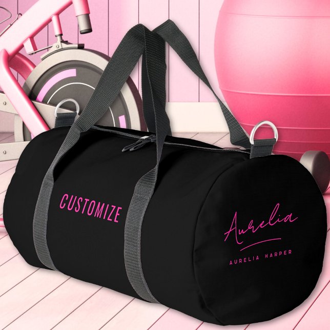Hot Pink Black Monogram Script Name Girl's Duffle Bag (Creator Uploaded)