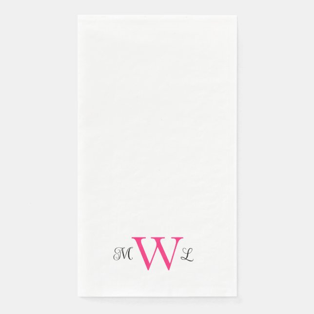 Hot Pink & Black Monogram White Elegant Wedding Napkin (Front)