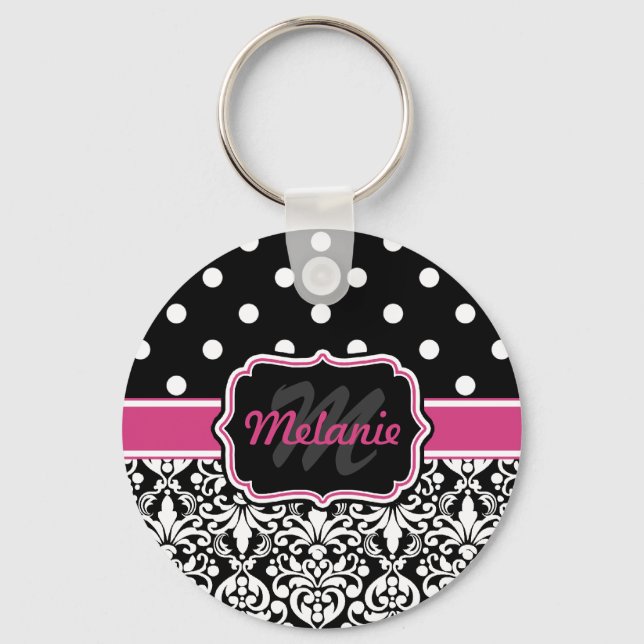 Hot Pink Black Monogrammed Damask Polka Dot Key Ring (Front)
