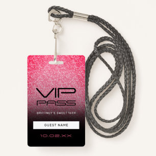 Hot Pink Black Ombre Glitter Sweet 16th VIP Pass B ID Badge