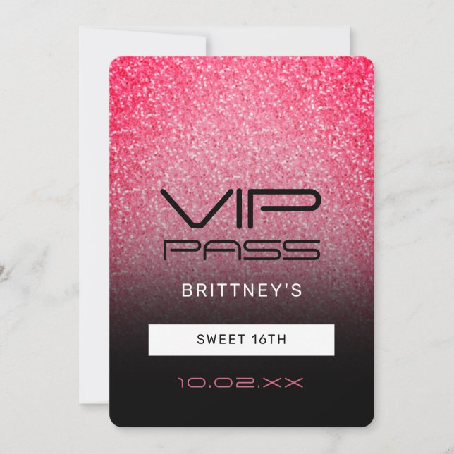 Hot Pink Black Ombre Glitter Sweet 16th VIP Pass  Invitation (Front)