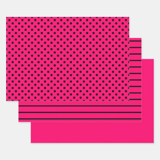 Hot Pink Black Polka Dot Stripes Wrapping Paper Sheet (Set)