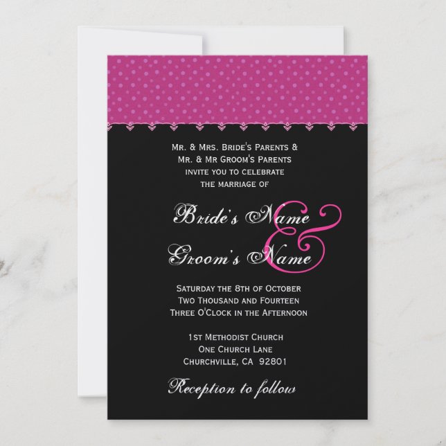 Hot Pink Black Polka Dot Wedding Premium Metallic Invitation (Front)