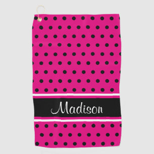 Hot Pink Black Polka Dot White Stripe Script Name Golf Towel
