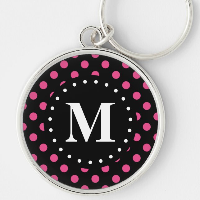 Hot Pink Black Polka Dots Monogram Key Ring (Front)