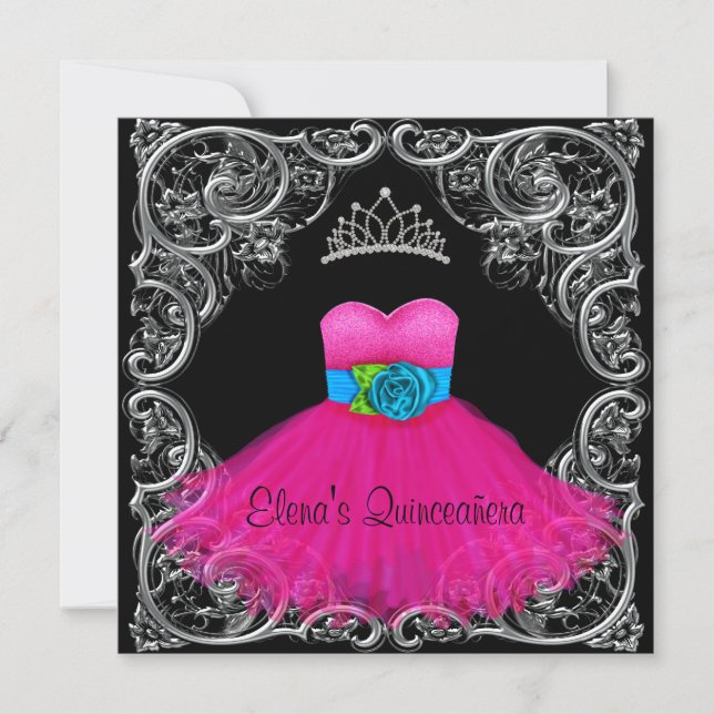 Hot Pink Black Quinceanera Invitations (Front)