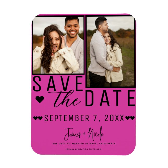 Hot Pink & Black Save the Date 2 Photo Wedding Magnet (Vertical)