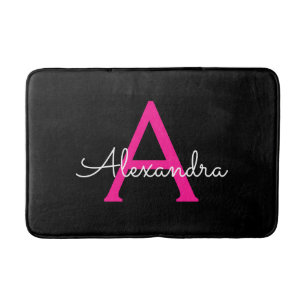 Hot Pink Black Script Girly Monogram Name Bath Mat