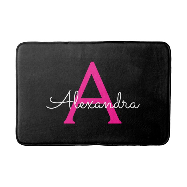 Hot Pink Black Script Girly Monogram Name Bath Mat (Front)