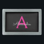 Hot Pink Black Script Girly Monogram Name Belt Buckle<br><div class="desc">Black and Hot Pink Simple Script Monogram Name Belt Buckle. This makes the perfect graduation,  sweet 16 16th,  18th,  21st,  30th,  40th,  50th,  60th,  70th,  80th,  90th,  100th birthday,  wedding,  bridal shower,  anniversary,  baby shower or bachelorette party gift for someone that loves glam luxury and chic styles.</div>
