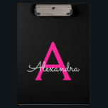 Hot Pink Black Script Girly Monogram Name Clipboard<br><div class="desc">Black and Hot Pink Monogram Name Planning Clipboard. This makes the perfect sweet 16 birthday,  wedding,  bridal shower,  anniversary,  baby shower or bachelorette party gift for someone that loves glam luxury and chic styles.</div>