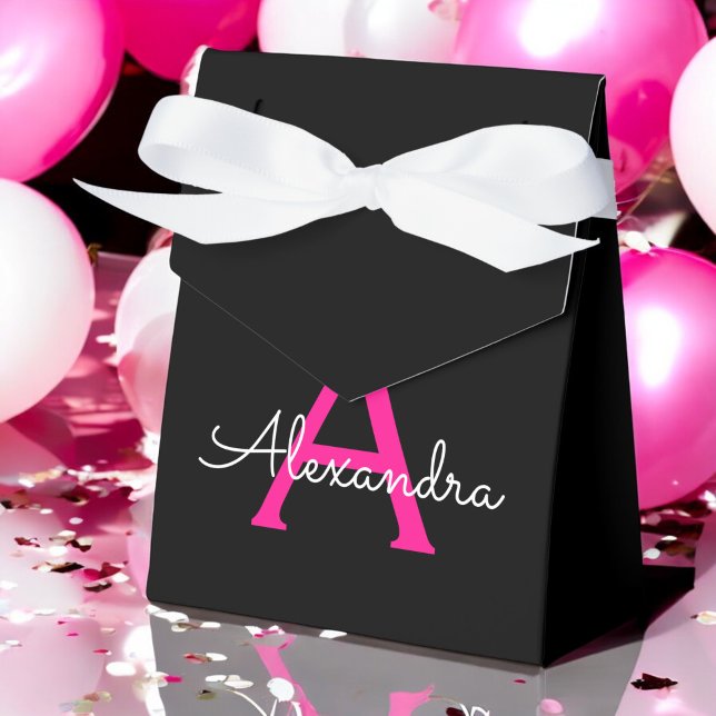 Hot Pink Black Script Girly Monogram Name Favour Box (Creator Uploaded)
