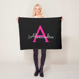 Hot Pink Black Script Girly Monogram Name Fleece Blanket