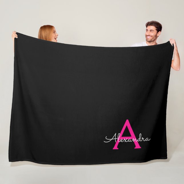 Hot Pink Black Script Girly Monogram Name Fleece Blanket (In Situ)