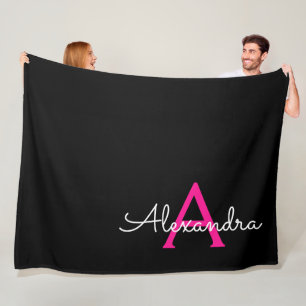 Hot Pink Black Script Girly Monogram Name Fleece Blanket